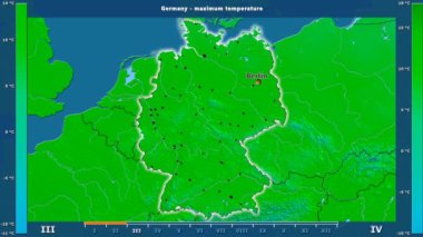Aya göre maksimum sıcaklık animasyonlu efsanesi - İngilizce etiketleri ile Almanya alanında: ülke ve sermaye adları, açıklama göster. Sterografik projeksiyon