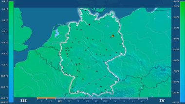 Animasyonlu efsanesi - parlayan şekli, idari sınırları, ana şehirler, sermaye ile Almanya alanında minimum sıcaklığı aya göre. Sterografik projeksiyon