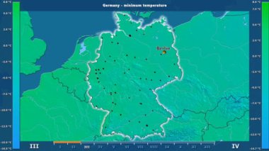 Animasyonlu efsanesi - İngilizce etiketleri ile Almanya alanında aya göre minimum sıcaklığı: ülke ve sermaye adları, açıklama göster. Sterografik projeksiyon