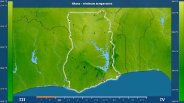 Animasyonlu efsanesi - İngilizce etiketleri ile Gana alanında aya göre minimum sıcaklığı: ülke ve sermaye adları, açıklama göster. Sterografik projeksiyon