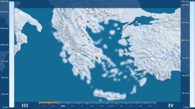 Animasyonlu gösterge - parlayan şekli, idari sınırları, ana şehirler, sermaye ile Yunanistan bölgede yağış aya göre. Sterografik projeksiyon