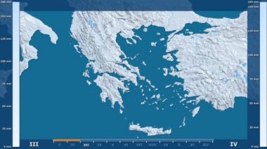 Animasyonlu gösterge - ham renk shader ile Yunanistan bölgede yağış aya göre. Sterografik projeksiyon