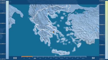 Animasyonlu efsanesi - parlayan şekli, idari sınırları, ana şehirler, sermaye ile Yunanistan alanında güneş radyasyonu aya göre. Sterografik projeksiyon