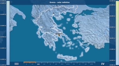 Aya göre güneş radyasyonu animasyonlu gösterge - İngilizce etiketleri ile Yunanistan bölgede: ülke ve sermaye adları, açıklama göster. Sterografik projeksiyon
