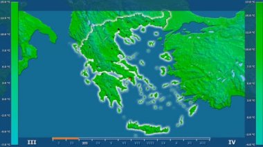 Animasyonlu gösterge - parlayan şekli, idari sınırları, ana şehirler, sermaye ile Yunanistan bölgede ortalama sıcaklık aya göre. Sterografik projeksiyon