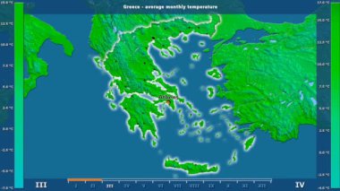 Ortalama sıcaklık ay tarafından animasyonlu gösterge - İngilizce etiketleri ile Yunanistan bölgede: ülke ve sermaye adları, açıklama göster. Sterografik projeksiyon