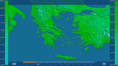 Animasyonlu gösterge - ham renk shader ile Yunanistan bölgede ortalama sıcaklık aya göre. Sterografik projeksiyon