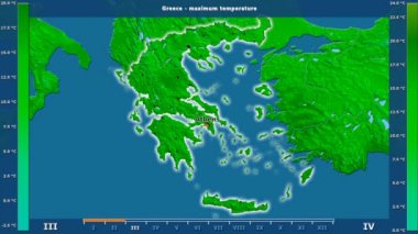 Animasyonlu gösterge - İngilizce etiketleri ile Yunanistan bölgede aya göre maksimum sıcaklık: ülke ve sermaye adları, açıklama göster. Sterografik projeksiyon