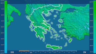 Animasyonlu efsanesi - parlayan şekli, idari sınırları, ana şehirler, sermaye ile Yunanistan alanında minimum sıcaklığı aya göre. Sterografik projeksiyon