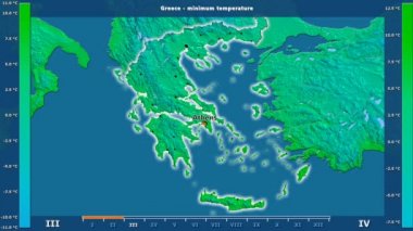 Animasyonlu gösterge - İngilizce etiketleri ile Yunanistan bölgede aya göre minimum sıcaklığı: ülke ve sermaye adları, açıklama göster. Sterografik projeksiyon