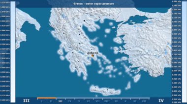 Animasyonlu gösterge - İngilizce etiketleri ile Yunanistan bölgede aya göre su buhar basıncı: ülke ve sermaye adları, açıklama göster. Sterografik projeksiyon