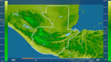 Animasyonlu efsanesi - parlayan şekli, idari sınırları, ana şehirler, sermaye ile Guatemala alanında ortalama sıcaklık aya göre. Sterografik projeksiyon