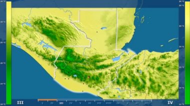 Animasyonlu efsanesi - parlayan şekli, idari sınırları, ana şehirler, sermaye ile Guatemala alanında maksimum sıcaklık aya göre. Sterografik projeksiyon