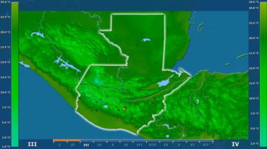 Animasyonlu efsanesi - parlayan şekli, idari sınırları, ana şehirler, sermaye ile Guatemala alanında minimum sıcaklığı aya göre. Sterografik projeksiyon