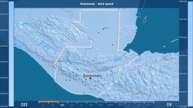 Rüzgar hızı aya göre animasyonlu efsanesi - İngilizce etiketleri ile Guatemala alanında: ülke ve sermaye adları, açıklama göster. Sterografik projeksiyon
