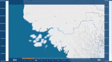 Animasyonlu gösterge - parlayan şekli, idari sınırları, ana şehirler, sermaye ile Gine Bissau bölgede yağış aya göre. Sterografik projeksiyon