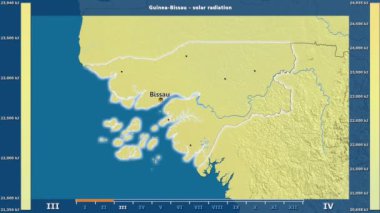 Aya göre güneş radyasyonu animasyonlu efsanesi - İngilizce etiketleri ile Gine Bissau alanında: ülke ve sermaye adları, açıklama göster. Sterografik projeksiyon