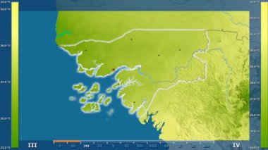 Animasyonlu efsanesi - parlayan şekli, idari sınırları, ana şehirler, sermaye ile Gine Bissau alanında ortalama sıcaklık aya göre. Sterografik projeksiyon