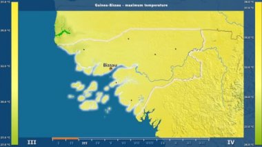 Gine Bissau alanda animasyonlu gösterge - İngilizce etiketleri ile aya göre maksimum sıcaklık: ülke ve sermaye adları, açıklama göster. Sterografik projeksiyon