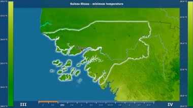 Gine Bissau alanda animasyonlu gösterge - İngilizce etiketleri ile aya göre minimum sıcaklığı: ülke ve sermaye adları, açıklama göster. Sterografik projeksiyon