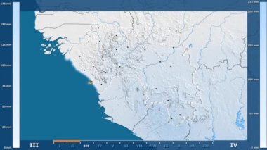 Animasyonlu gösterge - parlayan şekli, idari sınırları, ana şehirler, sermaye ile Gine bölgede yağış aya göre. Sterografik projeksiyon