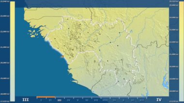 Animasyonlu efsanesi - parlayan şekli, idari sınırları, ana şehirler, sermaye ile Gine alanında güneş radyasyonu aya göre. Sterografik projeksiyon