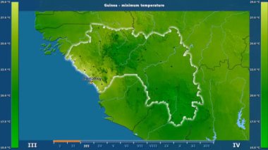 Animasyonlu efsanesi - İngilizce etiketleri ile Gine alanında aya göre minimum sıcaklığı: ülke ve sermaye adları, açıklama göster. Sterografik projeksiyon