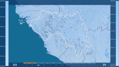Hız animasyonlu efsanesi - parlayan şekli, idari sınırları, ana şehirler, sermaye ile Gine alanında aya göre rüzgar. Sterografik projeksiyon