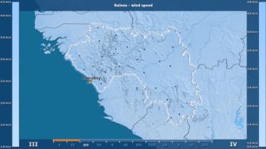 Rüzgar hızı aya göre animasyonlu efsanesi - İngilizce etiketleri ile Gine alanında: ülke ve sermaye adları, açıklama göster. Sterografik projeksiyon