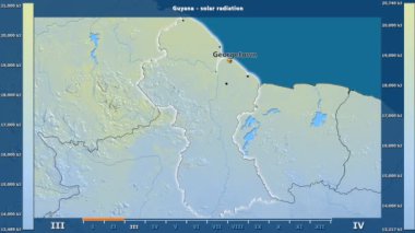 Aya göre güneş radyasyonu ile animasyonlu gösterge - İngilizce etiketleri Guyana alanında: ülke ve sermaye adları, açıklama göster. Sterografik projeksiyon