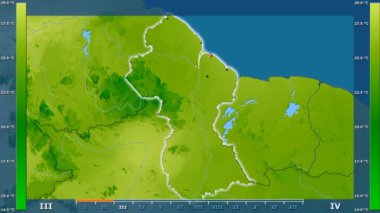 Animasyonlu efsanesi - parlayan şekli, idari sınırları, ana şehirler, sermaye ile Guyana alanında ortalama sıcaklık aya göre. Sterografik projeksiyon