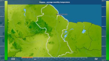 Ortalama sıcaklık ay tarafından animasyonlu gösterge - İngilizce etiketleri Guyana bölge: ülke ve sermaye adları, açıklama göster. Sterografik projeksiyon