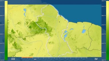 Animasyonlu efsanesi - parlayan şekli, idari sınırları, ana şehirler, sermaye ile Guyana alanında maksimum sıcaklık aya göre. Sterografik projeksiyon