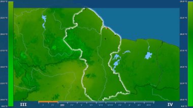 Animasyonlu efsanesi - parlayan şekli, idari sınırları, ana şehirler, sermaye ile Guyana alanında minimum sıcaklığı aya göre. Sterografik projeksiyon