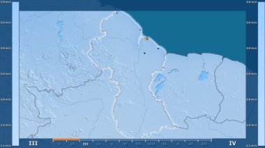 Hız Guyana alanda animasyonlu gösterge - parlayan şekli, idari sınırları, ana şehirler, sermaye ile aya göre rüzgar. Sterografik projeksiyon