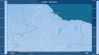 Rüzgar hızı aya göre animasyonlu gösterge - İngilizce etiketleri Guyana bölge: ülke ve sermaye adları, açıklama göster. Sterografik projeksiyon