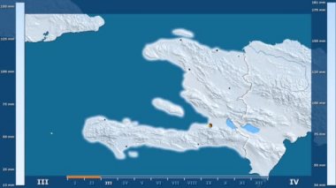 Animasyonlu gösterge - parlayan şekli, idari sınırları, ana şehirler, sermaye ile Haiti bölgede yağış aya göre. Sterografik projeksiyon