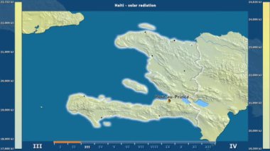 Aya göre güneş radyasyonu animasyonlu efsanesi - İngilizce etiketleri ile Haiti alanında: ülke ve sermaye adları, açıklama göster. Sterografik projeksiyon