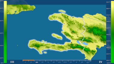 Animasyonlu efsanesi - parlayan şekli, idari sınırları, ana şehirler, sermaye ile Haiti alanında maksimum sıcaklık aya göre. Sterografik projeksiyon