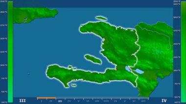 Animasyonlu efsanesi - parlayan şekli, idari sınırları, ana şehirler, sermaye ile Haiti alanında minimum sıcaklığı aya göre. Sterografik projeksiyon