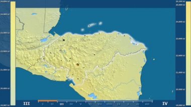 Honduras alanda animasyonlu gösterge - parlayan şekli, idari sınırları, ana şehirler, sermaye ile güneş radyasyonu aya göre. Sterografik projeksiyon