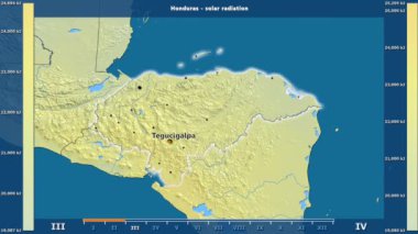 Aya göre güneş radyasyonu animasyonlu gösterge - İngilizce etiketleri Honduras bölge: ülke ve sermaye adları, açıklama göster. Sterografik projeksiyon