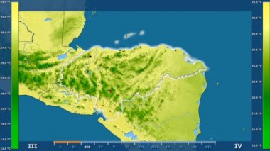 Honduras alanda animasyonlu gösterge - parlayan şekli, idari sınırları, ana şehirler, sermaye ile maksimum sıcaklık aya göre. Sterografik projeksiyon