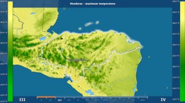 Honduras alanda animasyonlu gösterge - İngilizce etiketleri ile aya göre maksimum sıcaklık: ülke ve sermaye adları, açıklama göster. Sterografik projeksiyon