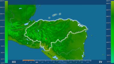 Animasyonlu efsanesi - parlayan şekli, idari sınırları, ana şehirler, sermaye ile Honduras alanında minimum sıcaklığı aya göre. Sterografik projeksiyon