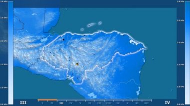 Su buharı basıncı Honduras alanda animasyonlu gösterge - parlayan şekli, idari sınırları, ana şehirler, sermaye ile aya göre. Sterografik projeksiyon