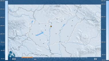 Animasyonlu gösterge - parlayan şekli, idari sınırları, ana şehirler, sermaye ile Macaristan bölgede yağış aya göre. Sterografik projeksiyon