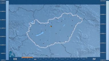 Animasyonlu efsanesi - parlayan şekli, idari sınırları, ana şehirler, sermaye ile Macaristan alanında güneş radyasyonu aya göre. Sterografik projeksiyon