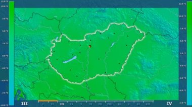 Animasyonlu efsanesi - parlayan şekli, idari sınırları, ana şehirler, sermaye ile Macaristan alanında ortalama sıcaklık aya göre. Sterografik projeksiyon
