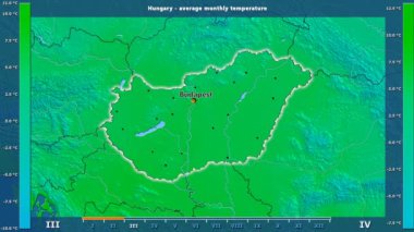 Ortalama sıcaklık ay tarafından animasyonlu efsanesi - İngilizce etiketleri ile Macaristan alanında: ülke ve sermaye adları, açıklama göster. Sterografik projeksiyon
